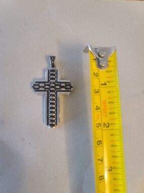 Men's Silver-Tone Cross Pendant Necklace - Polished Black Accent